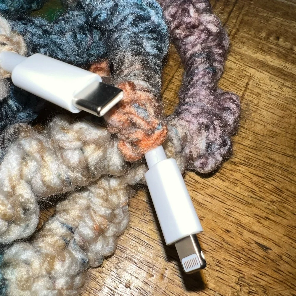 Handcrafted Multicolor cell phone charging USB C to lightning cable cord.